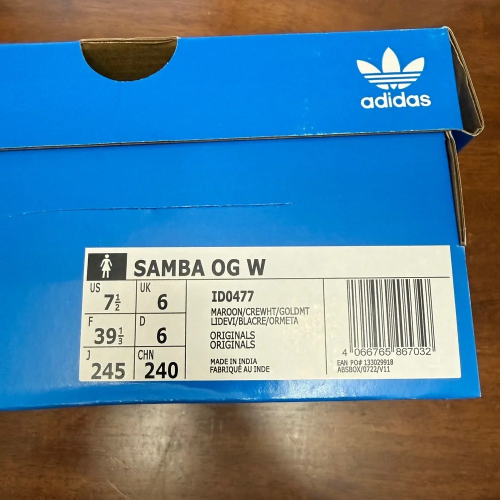 Adidas Samba OG W Women Size 7.5 Maroon Crew White Gold Metallic ID0477 Gum Sole - Picture 3 of 6
